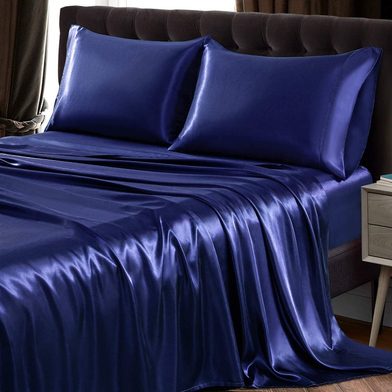 SiinvdaBZX 4Pcs Satin Sheet Set King Size Ultra Silky Soft Navy Blue Satin King Bed Sheets with Deep Pocket  1 Fitted Sheet  1 Flat Sheet  2 Envelope Closure Pillowcases - Image 2